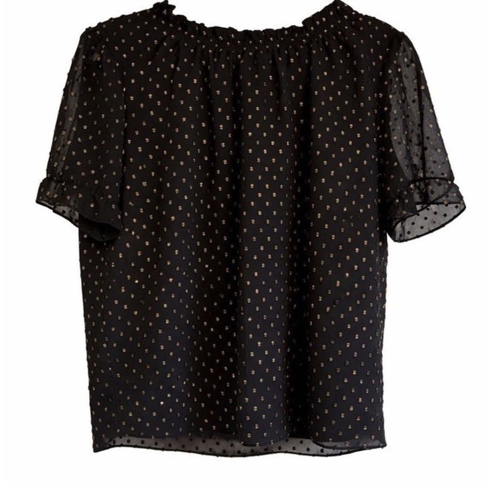J.Crew Black Gold Metallic Dot Blouse Medium Ruffle Neck Romantic Party Top